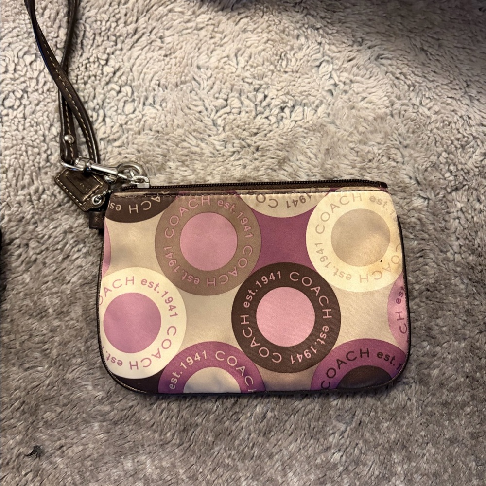 Coach Pink and Brown Circle Pattern Wristlet